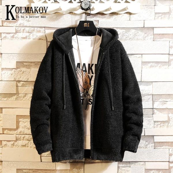 

kolmakov men's winter new cashmere sweater jacket add velvet and thickened plat with hood, coat and cardigan in solid color, White;black