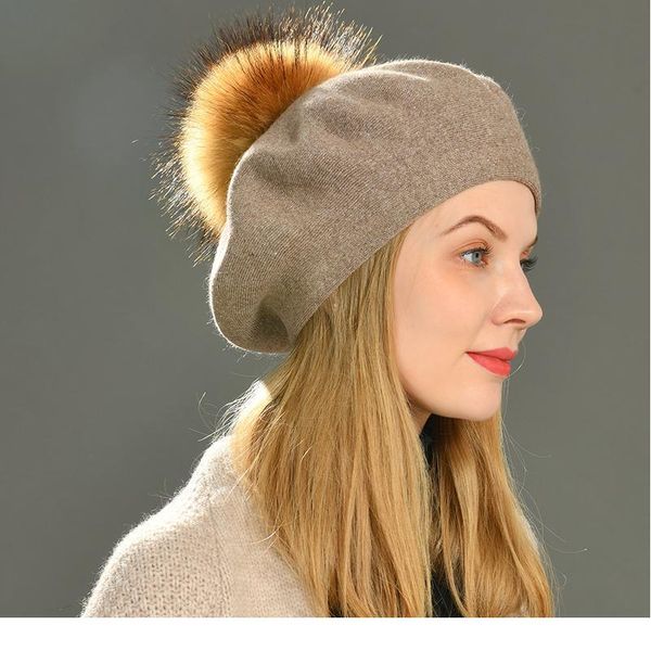 

women berets hat winter female casual knitted wool berets with natural raccoon fur pom pom spring ladies solid color be qylgvb