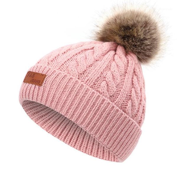 

2020 for children's woolen cap imitation raccoon dog fur ball knitted hat linen flower color hat fas jeans leather tag1