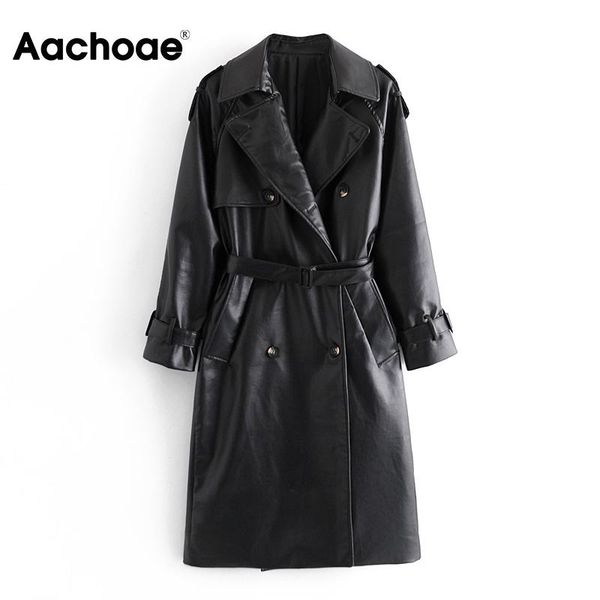 

aachoae women motocycle black faux leather trench jacket double breasted vintage long coat female bandage solid outerwear 2020, Tan;black
