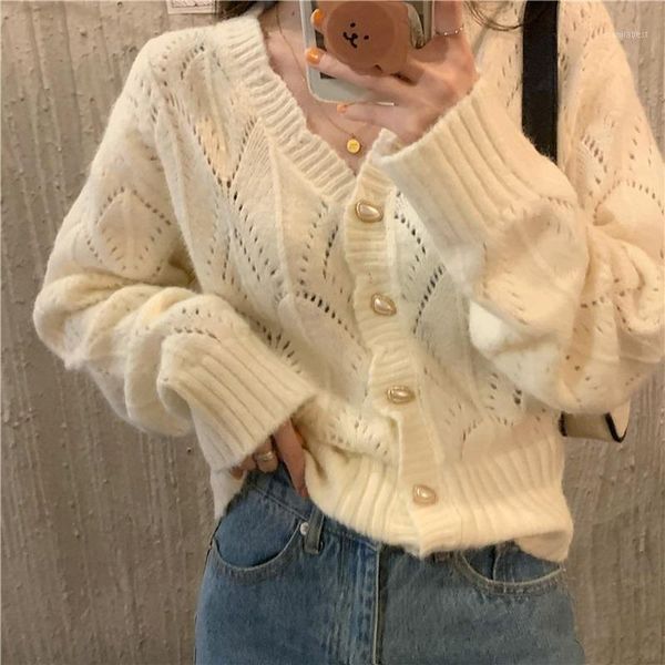 

korean women oversize sweater casual knitted hollow v-neck loose vintage office lady light cardigan autumn 2020 woman1, White