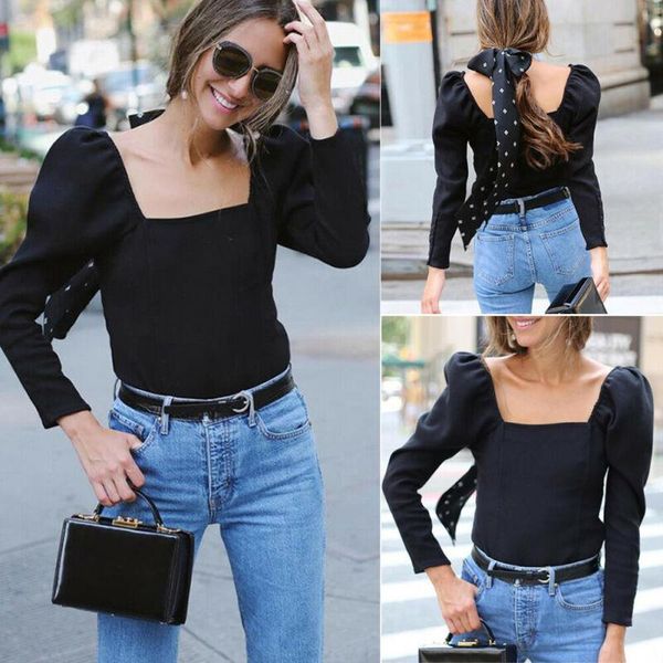

womens square neck long sleeve casual ladies loose black blouse t-shirt, White