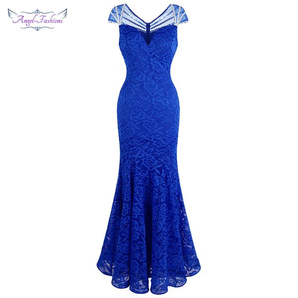 Angel-Fashions Feminina Manga Cap Beading Lace Vestidos de Noite de Longa Sereia Vestido De Partido De Casamento Azul 482 LJ201123