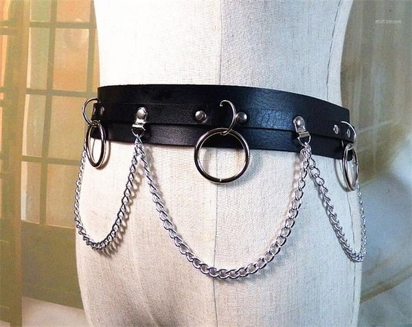 

2020 new punk gothic faux belts for women laser metal chain ring leather belt strap waist belt street dance decor, Black;brown
