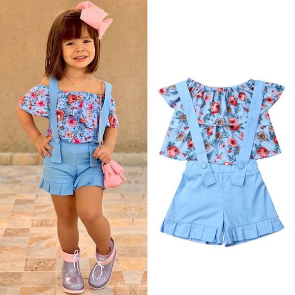 

toddler baby girls clothes set 2pcs floral off-shoulder shirt +overall bib shorts outfits set 201126, White