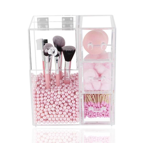 

jewelry pouches, bags mordoa acrylic makeup brush organizer with 3 drawers cotton pads/beauty storage display box cosmetics, Pink;blue