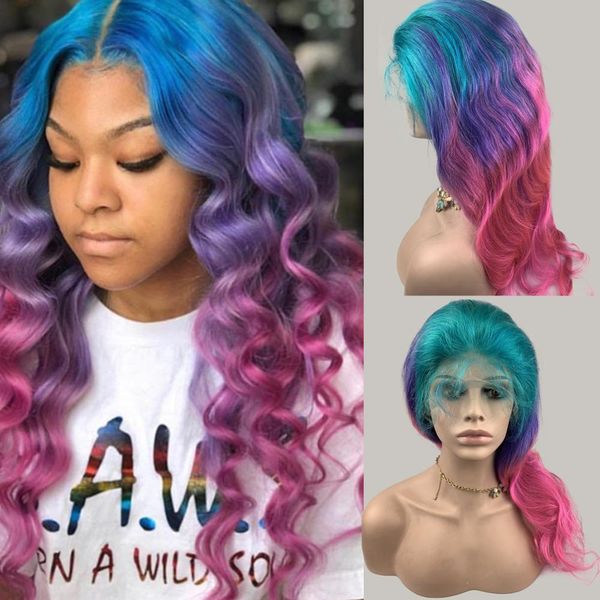 

13x4 lace front wig remy hair rainbow colored body wave wig 130% density with baby hair for woman, Black;brown