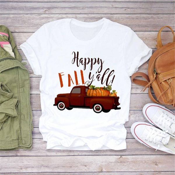

women graphic t shirt happy fall yall truck print vintage short sleeve female printed camisas mujer womens t shirts, White