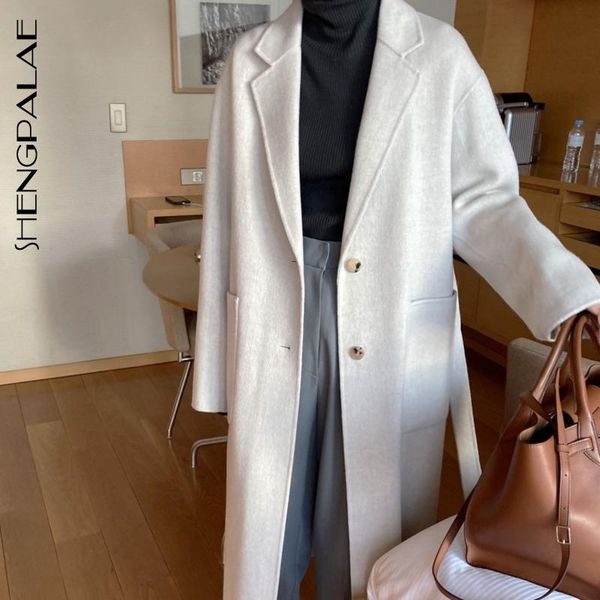 

shengpalae 2020 winter women's overcoat long turn-down collar long-sleeve solid color straight warm woolen coat with belt 8d722, Black