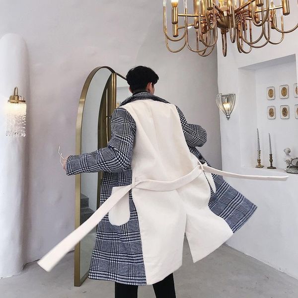 

black white loose casual lattice men's houndstooth stitching mid-length woolen coat korean windbreaker men's coat