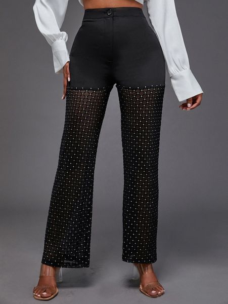 

sxy contrast mesh plaid straight leg pants l2kv#, Black;white