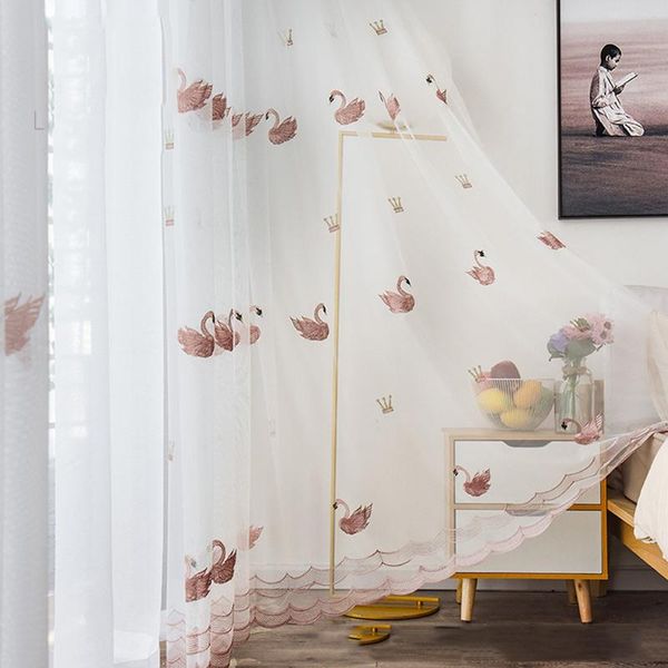 

gxi pink cute swan gauze bedroom tulle for living room balcony decorative drapes white embroidered curtains sheer screens m062-4