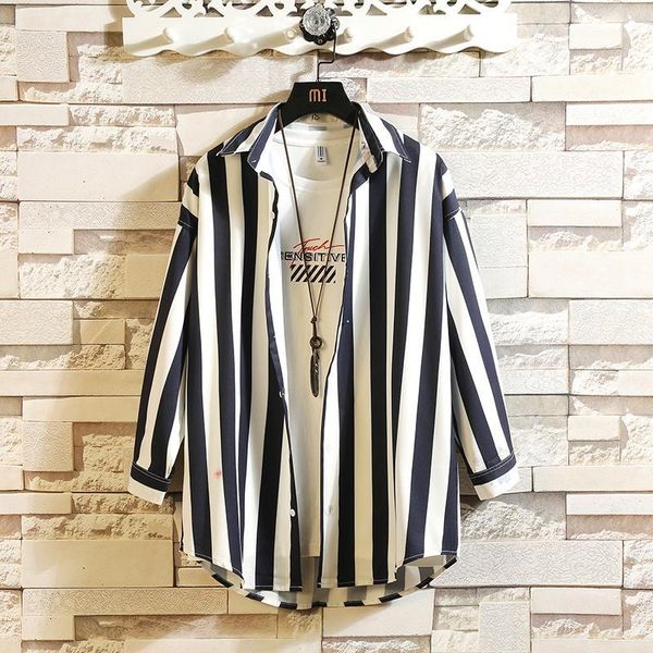 

summer new dress shirt men fashion striped casual shirt man streetwear trend wild hip hop loose short-sleeved male clothes1, White;black