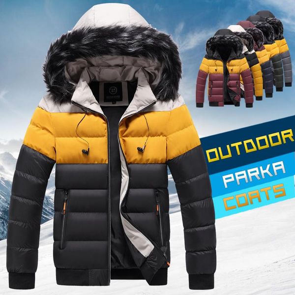

winter parkas coats men 2020 warm thick fur collar jackets casual hooded parkas men patchwork detachable overcoats mens clothing, Black