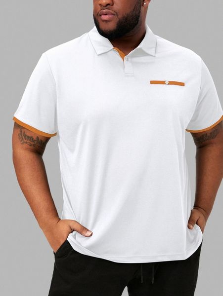 

men contrast trim decor pocket polo shirt 85kc#, White;black