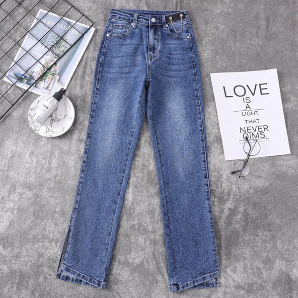 

female plus size irregular ankle length pants with chain black spring new split straight women's jeans high waist stretch denim, Blue