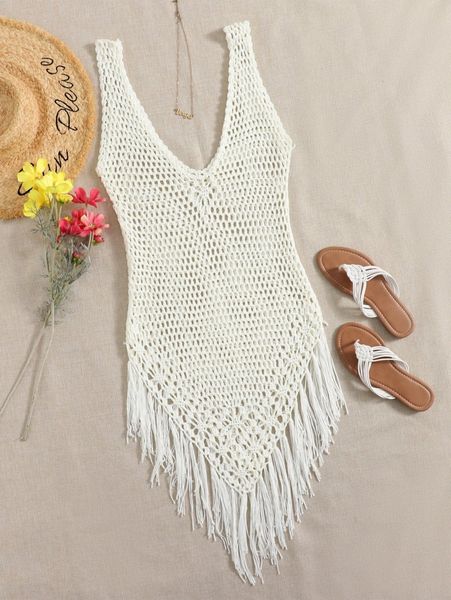 

fringe hem crochet cover up r1fc#, White;black