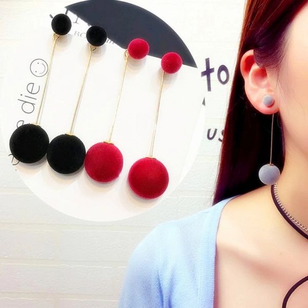 

fashion red black plush ball drop earrings for women korea velvet round tassel long dangle earrings statement pendant jewelry, Silver