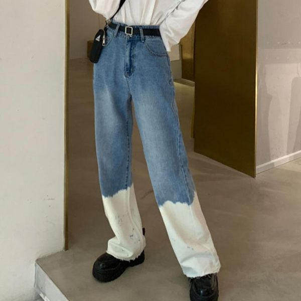 

plus size gradient washed jeans women 2020 streetwear women pants high waist straight wide leg pants casual loose trousers, Blue