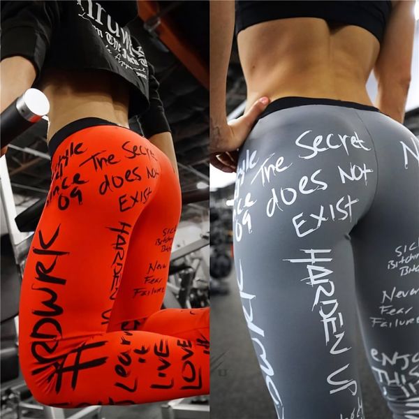 

2020 new fashion pants letter print leggings women slim fitness high waist elastic workout leggings for gym sport running asian size, Black
