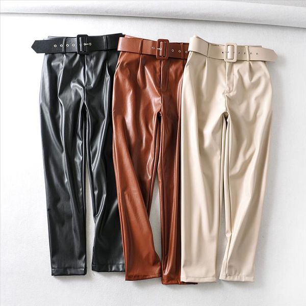 

pu leather high waisted pants women fashion loose faux leather trousers women elegant pockets pants female ladies 3 color beige, Black;white