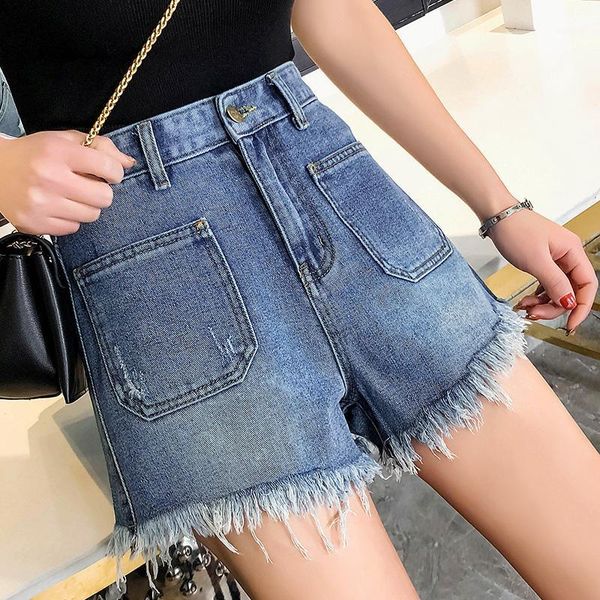 

women denim shorts high waist plus size fashion blue wide leg female hole ripped pocket jeans ropa de mujer student1, White;black