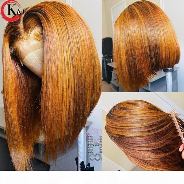 

kungang qmber bob 4*4 lace closure wigs 130% density lace front human hair wigs middle ratio wig non-remy hair, Black;brown