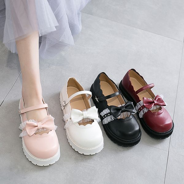 

japanese sweet lolita shoes pink white red black bow harajuku heels women cute shoes korean women shoes round head kawaii