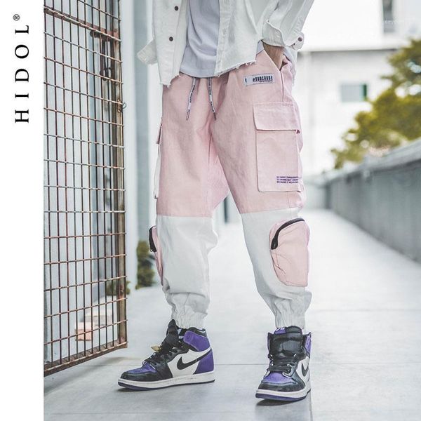 

splice cargo pants contrast color multi-pocket joggers army track tactical trousers men hip hop swag streetwear pink1, Black