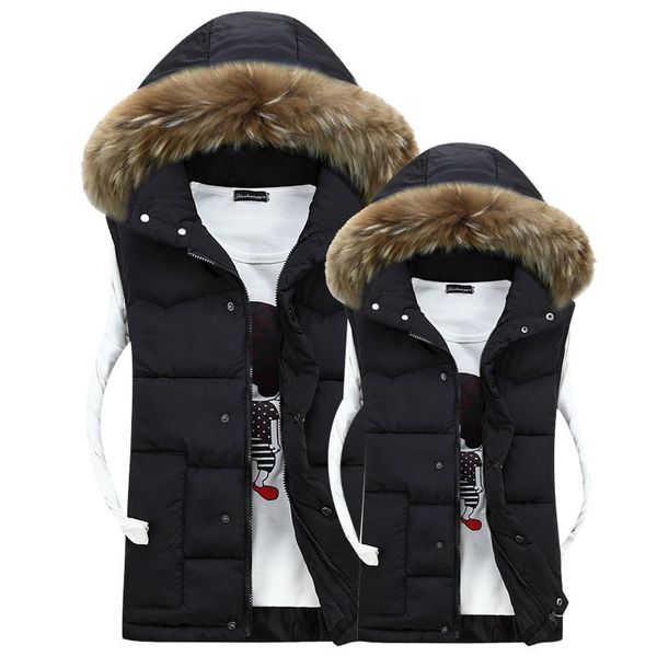 

men's vests autumn winter hooded fur collar vest men casual slim warm women sleeveless jacket coat youths mens man, Black;white