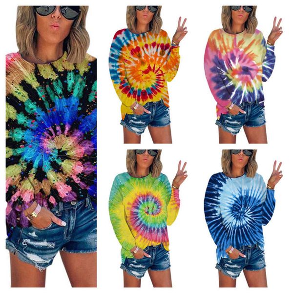 

color tie dye women designer t-shirt paisley print split tshirt ladies blouse long sleeve pullover sweater sports t shirt tees g12101, White