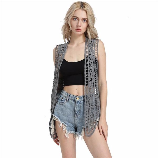 

asymmetric open stitch cardigan summer beach boho hippie people style crochet knit embroidery blouse sleeveless vest, White