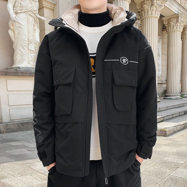 

2021 new men winter clothing thick warm outwear casual solid color hooded mens padded jackets windbreaker spwb, Black