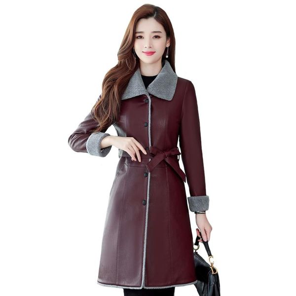 

осенние женские кожаные меховые куртки зима плюс размер 6xl толстые теплые мягкие искусственные кожаные куртки женщины длинное пальто тонкий, Black