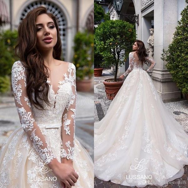 

2021 vintage champagne ball gown tulle wedding dresses sheer long sleeves lace appliqued bridal gowns custom made wedding gowns bc1987, White