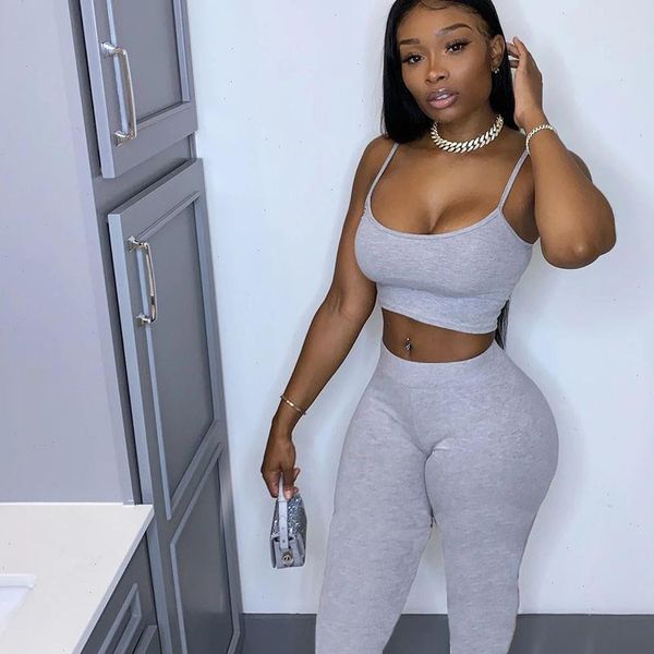 

fitness sporty workout two piece set women tracksuit solid strap active wear 2 piece outfits crop and pants matching sets, Gray