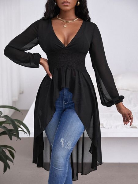 

sxy plunging neck lantern sleeve high low hem v4wf#, White