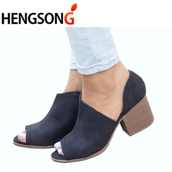 

dress shoes hengsong 2021 spring women pumps slip-on peep toes leather sandals med square heel mules wedges for, Black