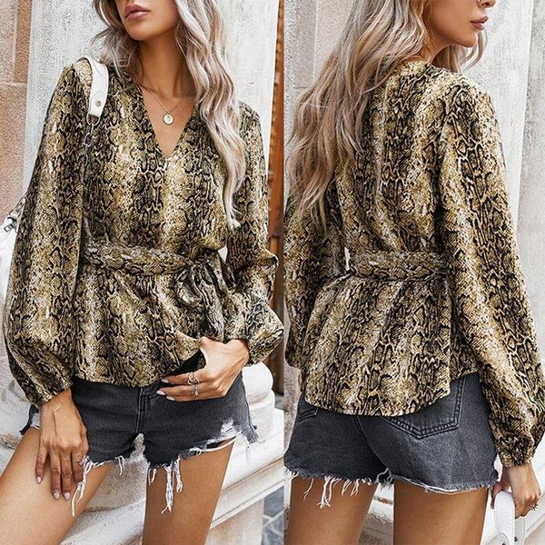 

vintage snake print belt blouse women autumn v neck elegant winter peplum blouse female pullovers blusas1, White