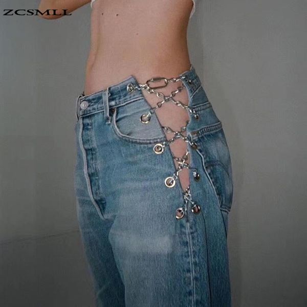 

zcsmll full length pants high wiast patchwork chains hit color straight vintage jeans for female clothing fashion new, Black;white