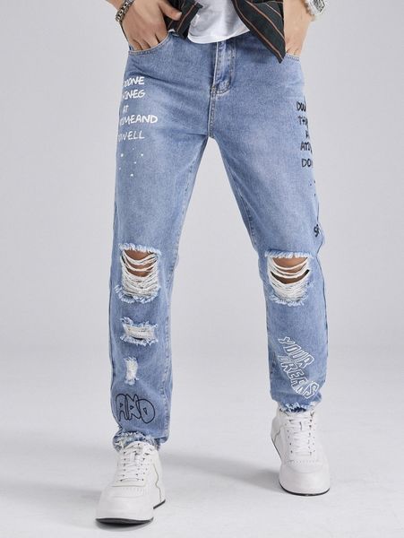 

men slogan graphic ripped jeans a3bn#, Blue