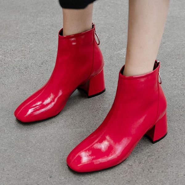 

boots ymechic 2021 fashion womens autumn winter square high heels ankle zipper chain party wedding black red shoes woman bootie