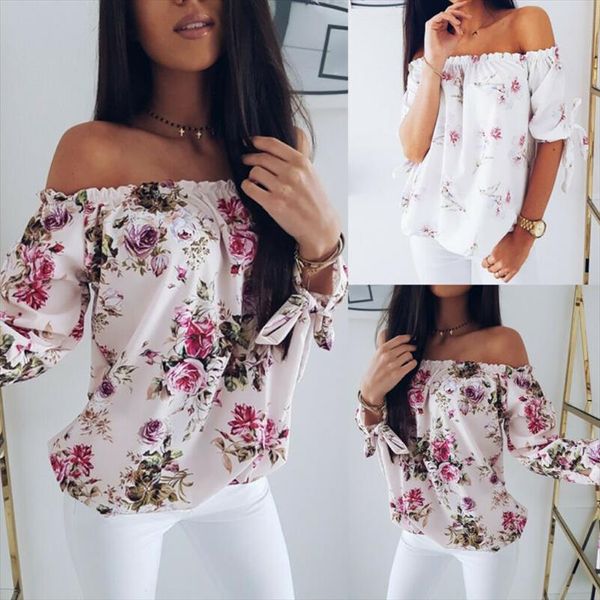 

women off shoulder floral blouse shirt new lady loose flower print shirt summer fashion 3 4 sleeve slash neck clothes, White