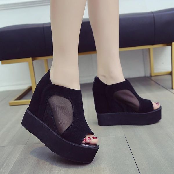 

dress shoes increased women's high heels female fish mouth sandals mesh yarn stitching waterproof platform women, Black