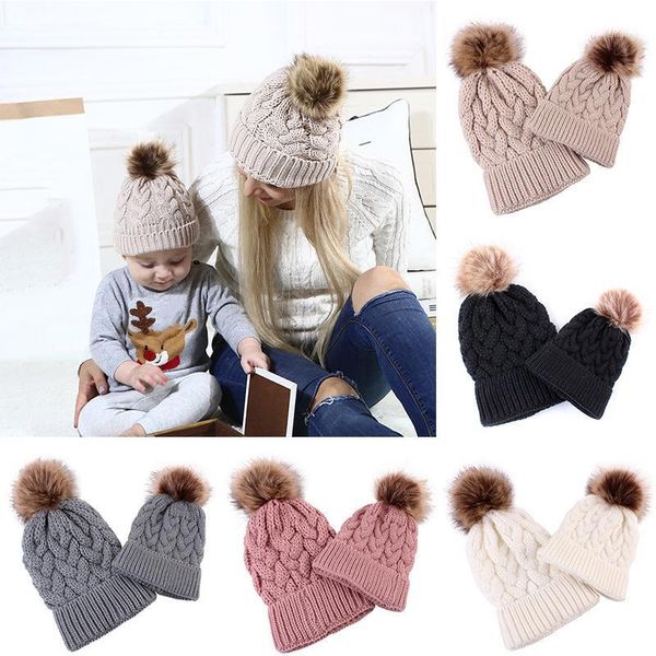 

women winter beanies hat woolen knitted beanie hats children's hats infant baby twist knitting hat parent-child pompom1, Blue;gray