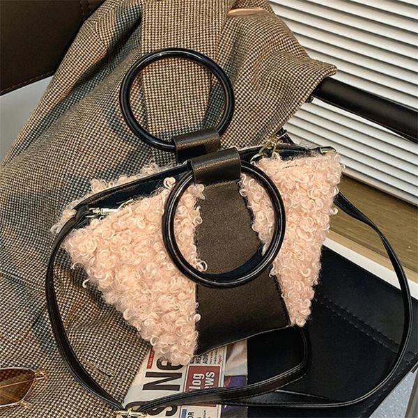 

fashion lambswool bucket bag designer round handle womenhandbags luxury faux fur shoulder crossbody bags female plush purse 2020