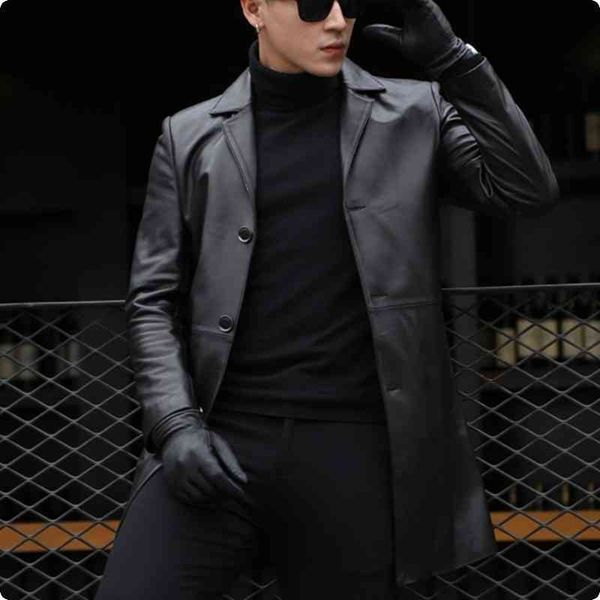 

men's leather & faux autumn arrival mens sheepskin genium jackets slim fit male long coat jaqueta de couro masculino genuino solid 1sux, Black