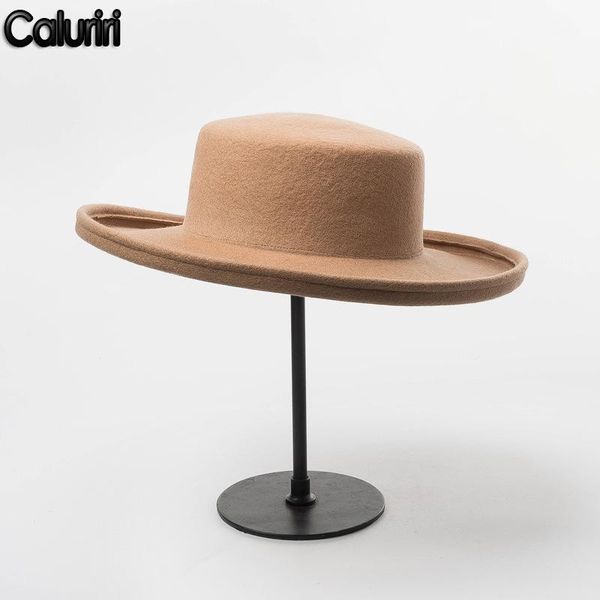 

caluriri women wool boater flat hat men autumn stage catwalk hat retro wool curled wide brim flat, Blue;gray