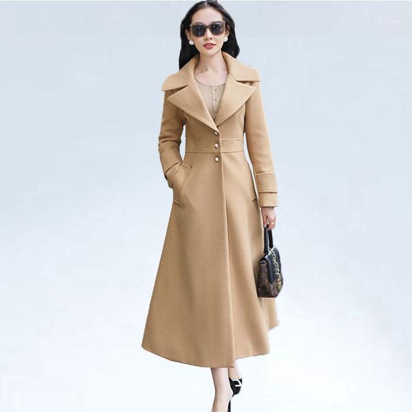 

2020 winter jacket women fashion trend new pattern vintage wool x-long lapels waist temperament slim beaded woolen coat female1, Black