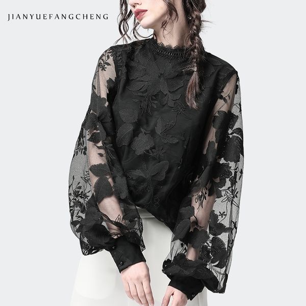 Женские блузки с цветочной вышивкой, прозрачные сетчатые топы с рукавами-фонариками, воротник-стойка, свободные большие размеры, женская черная шифоновая блузка T200502